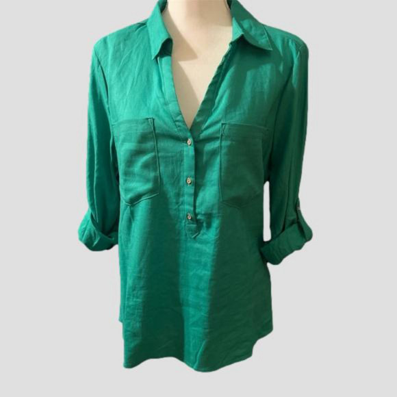 Love Tree Tops - LOVE TREE- Green Button Up Blouse with Collar, New